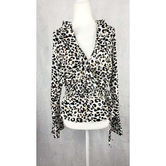 Code x Mode Leopard Animal Print Tie Wrap Blouse Top Ruffle Size S Womens - Picture 1 of 11